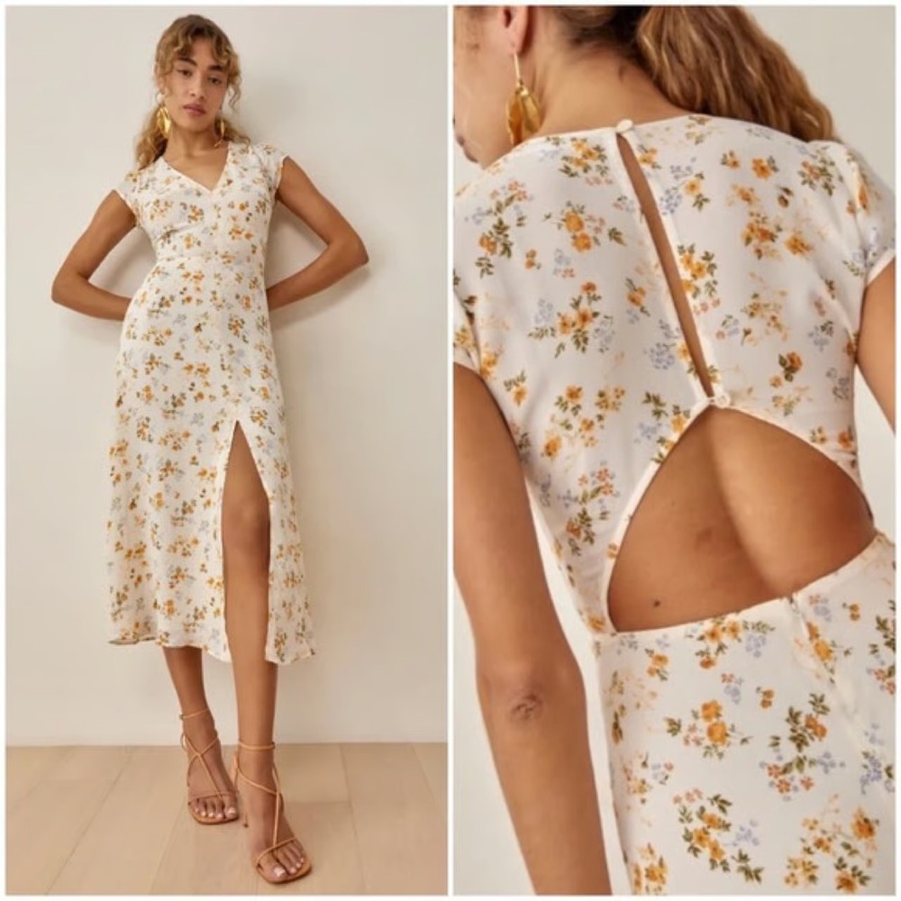 Reformation Floral Wellfleet Back Cutout V-neck Midi Dress-Sz 12-Limonada Print - Picture 16 of 16